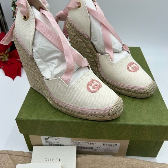 Women’s Gucci white/pink wedge espadrilles size 41 made in Spain - Picture 3 of 11